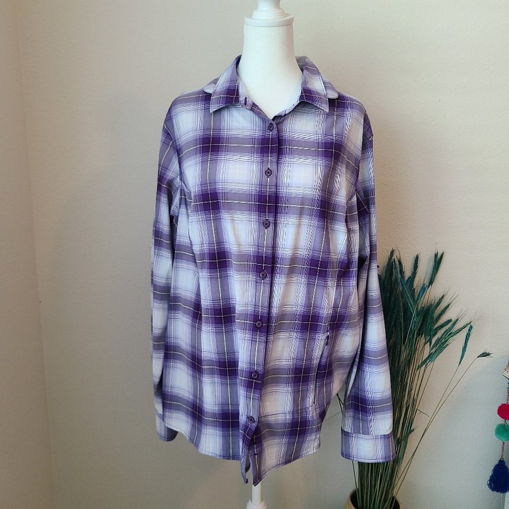 Duluth Trading Co Purple Plaid Outdoor Button Down